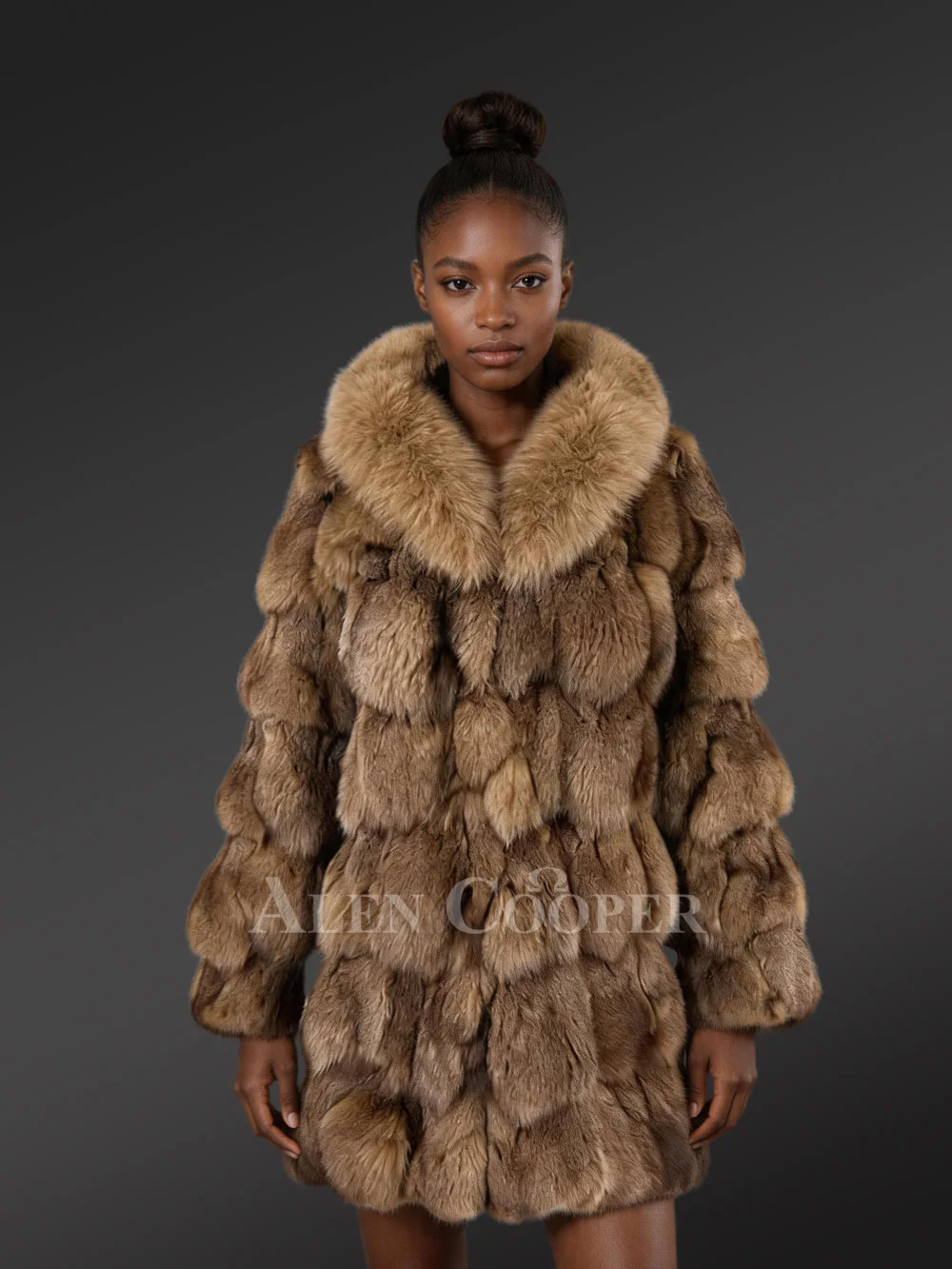 Real Fox Fur Coat for Women with Concealed Clip-Lock Closure