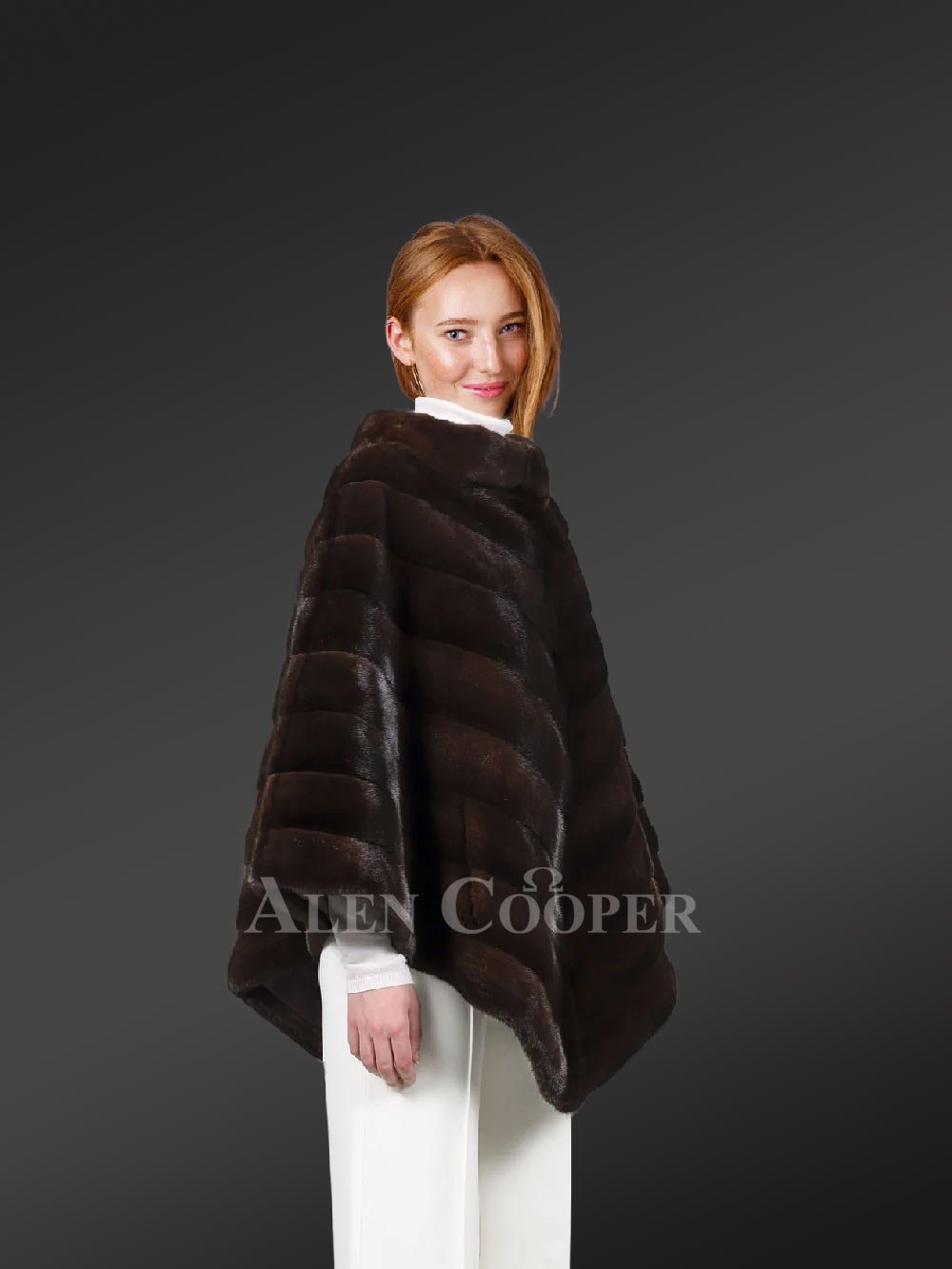 V Shape Mink Poncho in Coffee - Image 3