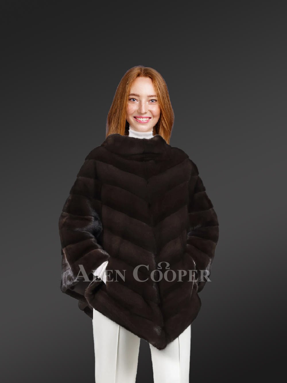 V Shape Mink Poncho in Coffee - Image 2