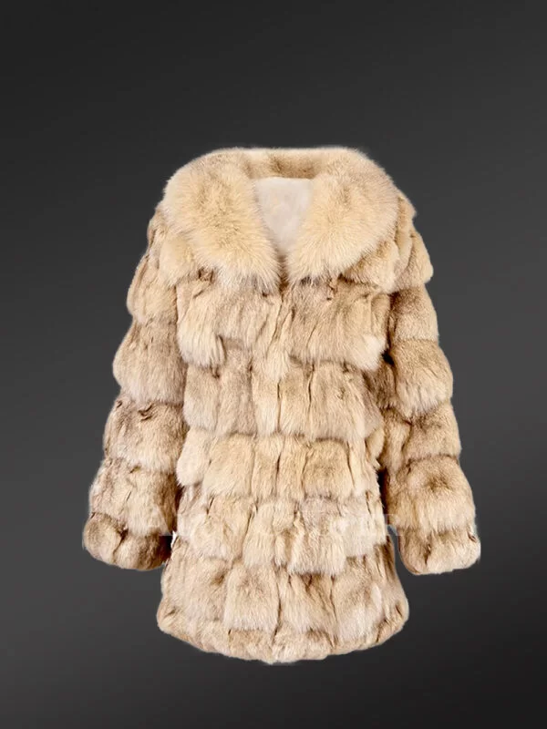 Women’s Mid Length Fox Fur coat with Fox Fur Collar in Beige - Image 6