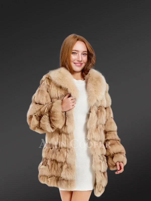 Women’s Mid Length Fox Fur coat with Fox Fur Collar in Beige - Image 3