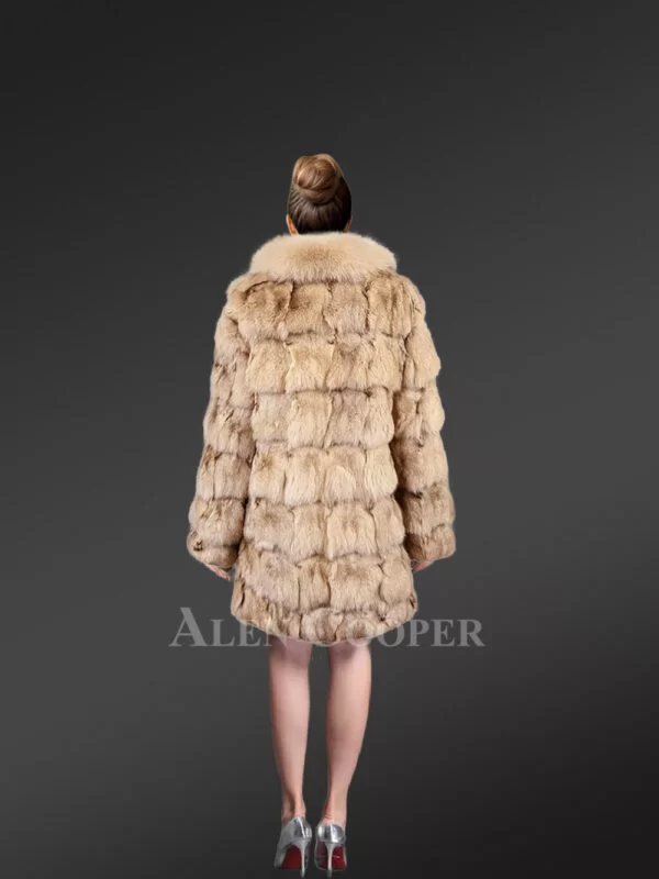 Women’s Mid Length Fox Fur coat with Fox Fur Collar in Beige - Image 4
