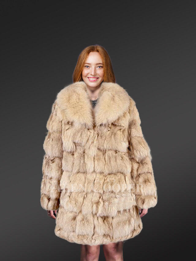 Women’s Mid Length Fox Fur coat with Fox Fur Collar in Beige