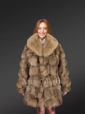 Women’s Mid Length Fox Fur coat with Fox Fur Collar in Brown