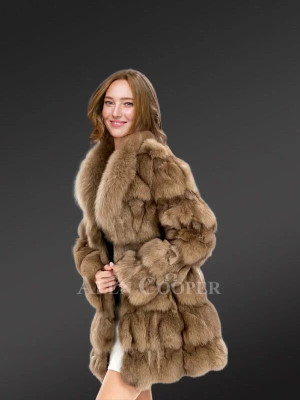Women’s Mid Length Fox Fur coat with Fox Fur Collar in Brown - Image 3
