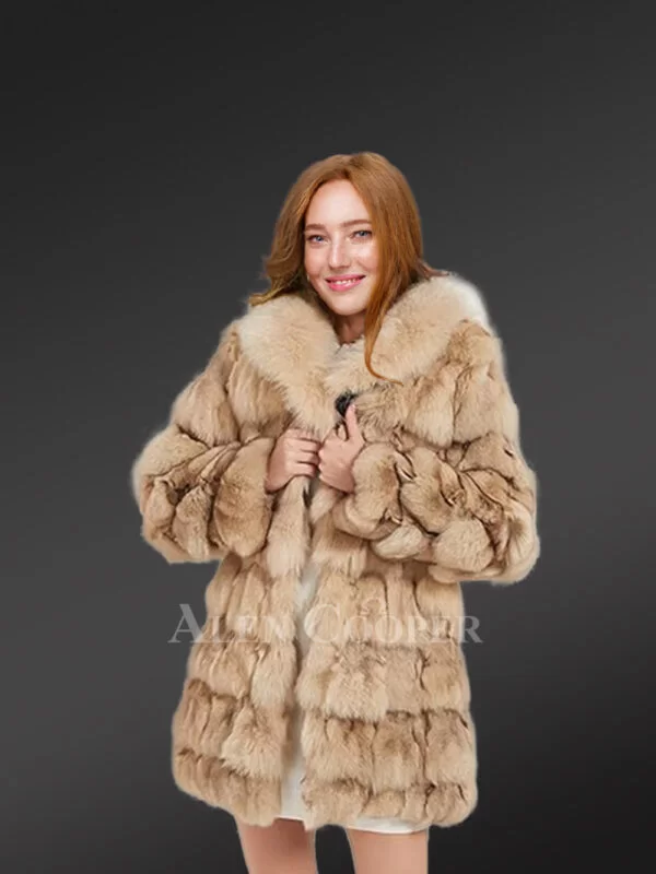 Women’s Mid Length Fox Fur coat with Fox Fur Collar in Beige - Image 2