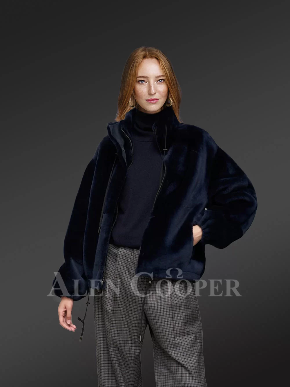 Alen Cooper Women Rabbit Fur Bomber in Navy