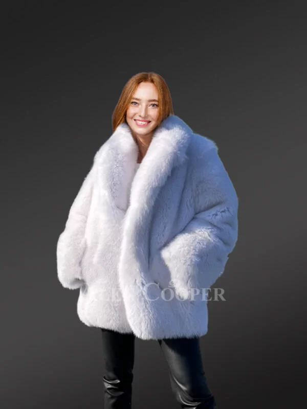 Dressy Dyed Fox Fur Coat in Snow White - Image 4