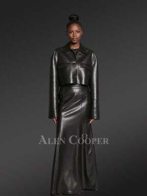 Button down Crop Leather Jacket And Stylish Leather Skirt of Lambskin