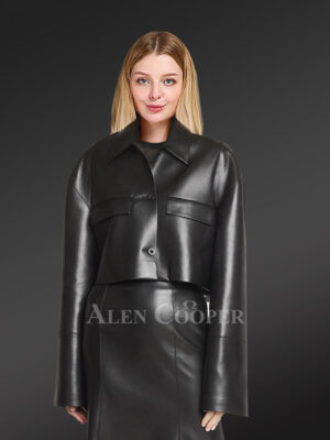 Button down Crop Leather Jacket And Stylish Leather Skirt of Lambskin