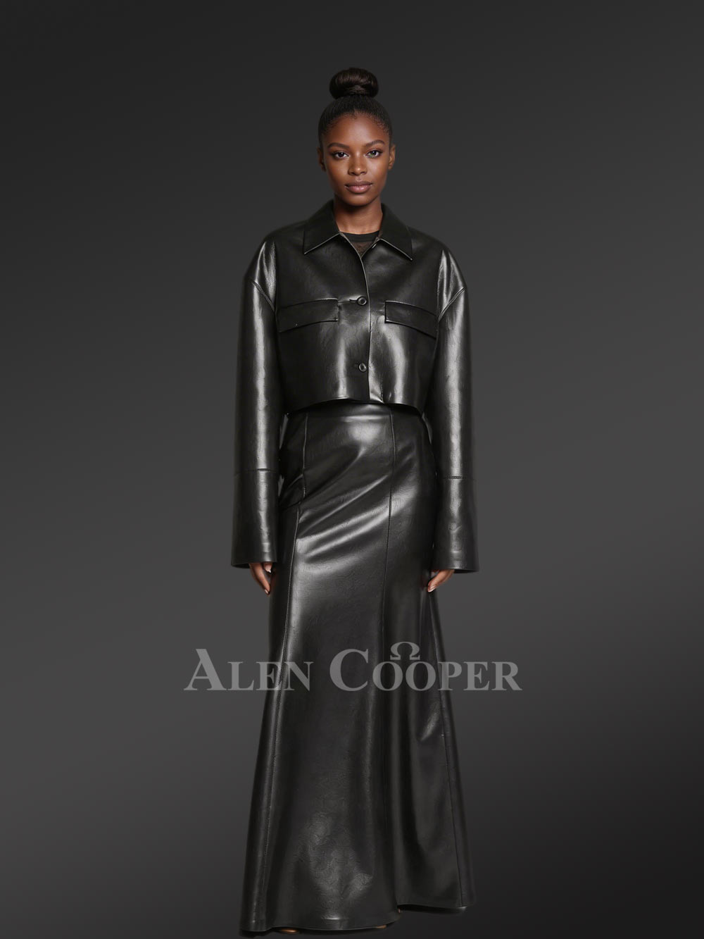 Button down Crop Leather Jacket And Stylish Leather Skirt of Lambskin