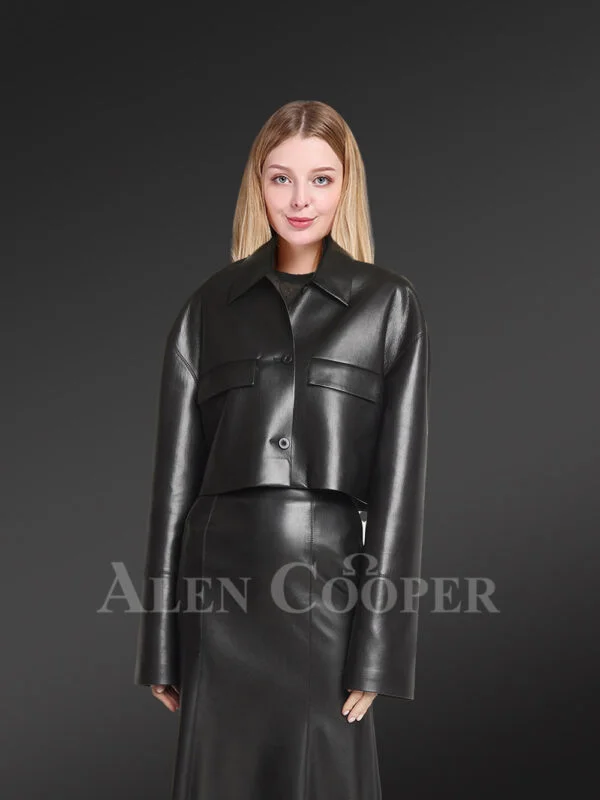 Button down Crop Leather Jacket And Stylish Leather Skirt of Lambskin - Image 2