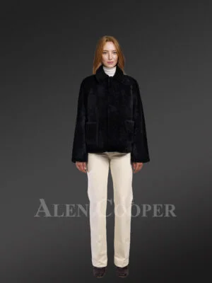 Sheepskin coat in Black Mouton Finish with Front Pockets