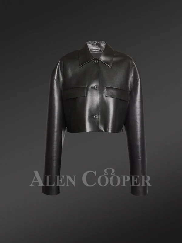 Button down Crop Leather Jacket And Stylish Leather Skirt of Lambskin - Image 4