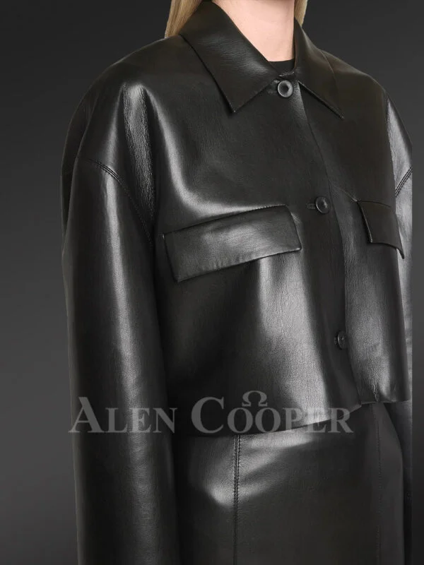 Button down Crop Leather Jacket And Stylish Leather Skirt of Lambskin - Image 5