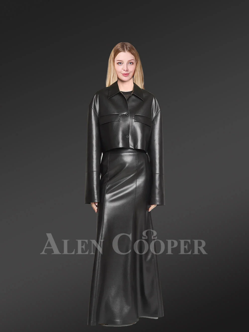Crop Leather Jacket with Leather Skirt for Women