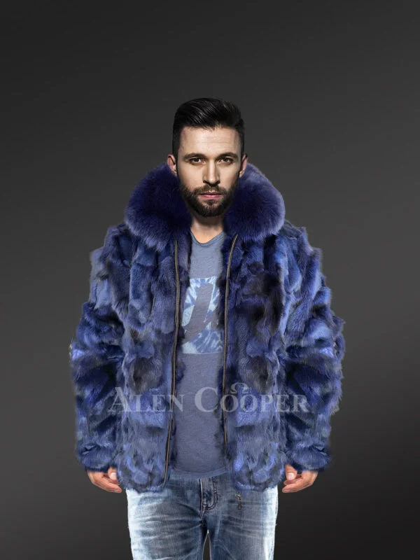 Men’s Blue Classic Bomber with Fox Fur Collar