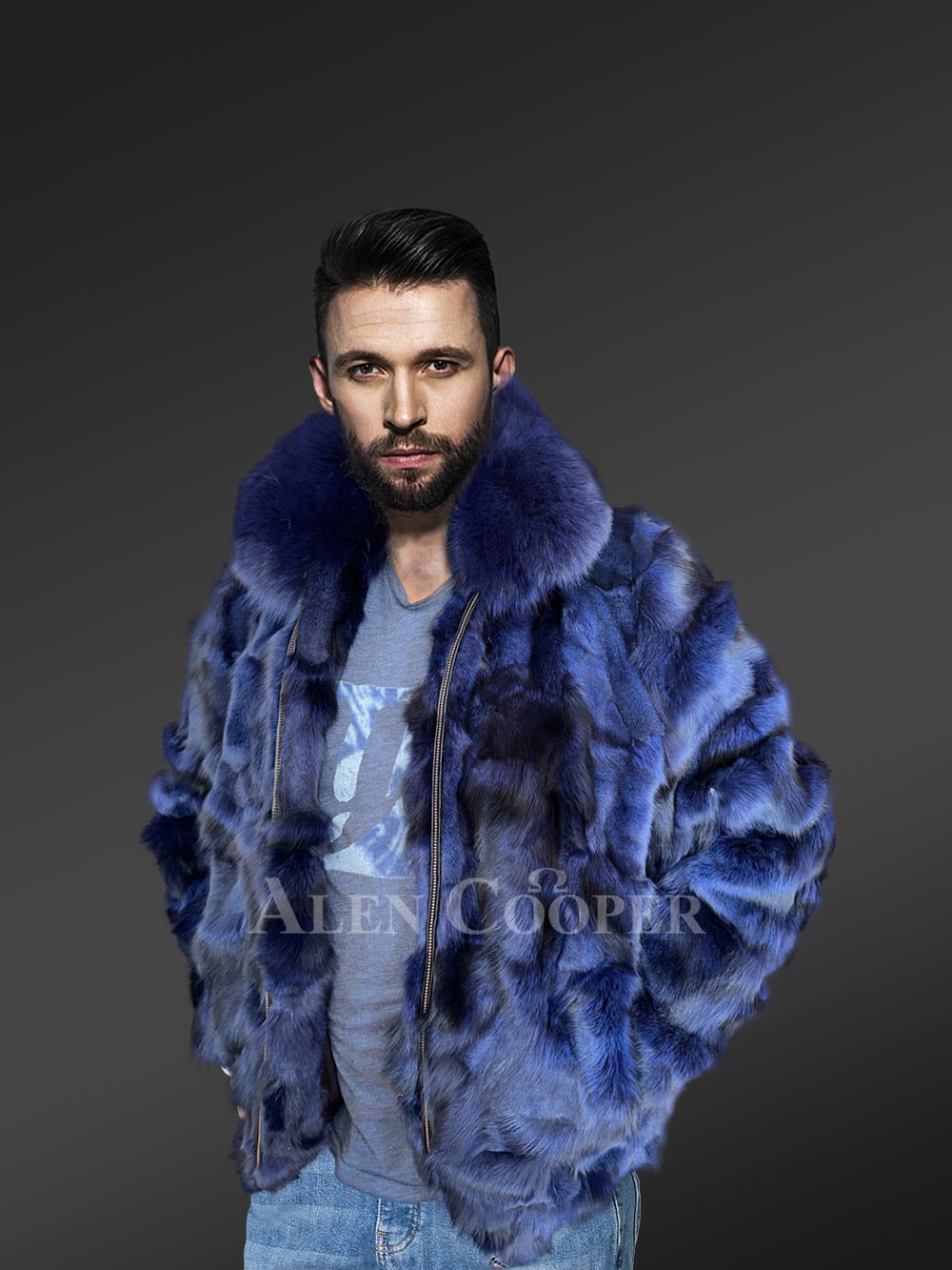 Mens Blue Fox Fur Jacket in Bomber Style With Fox Fur Collar - Image 5