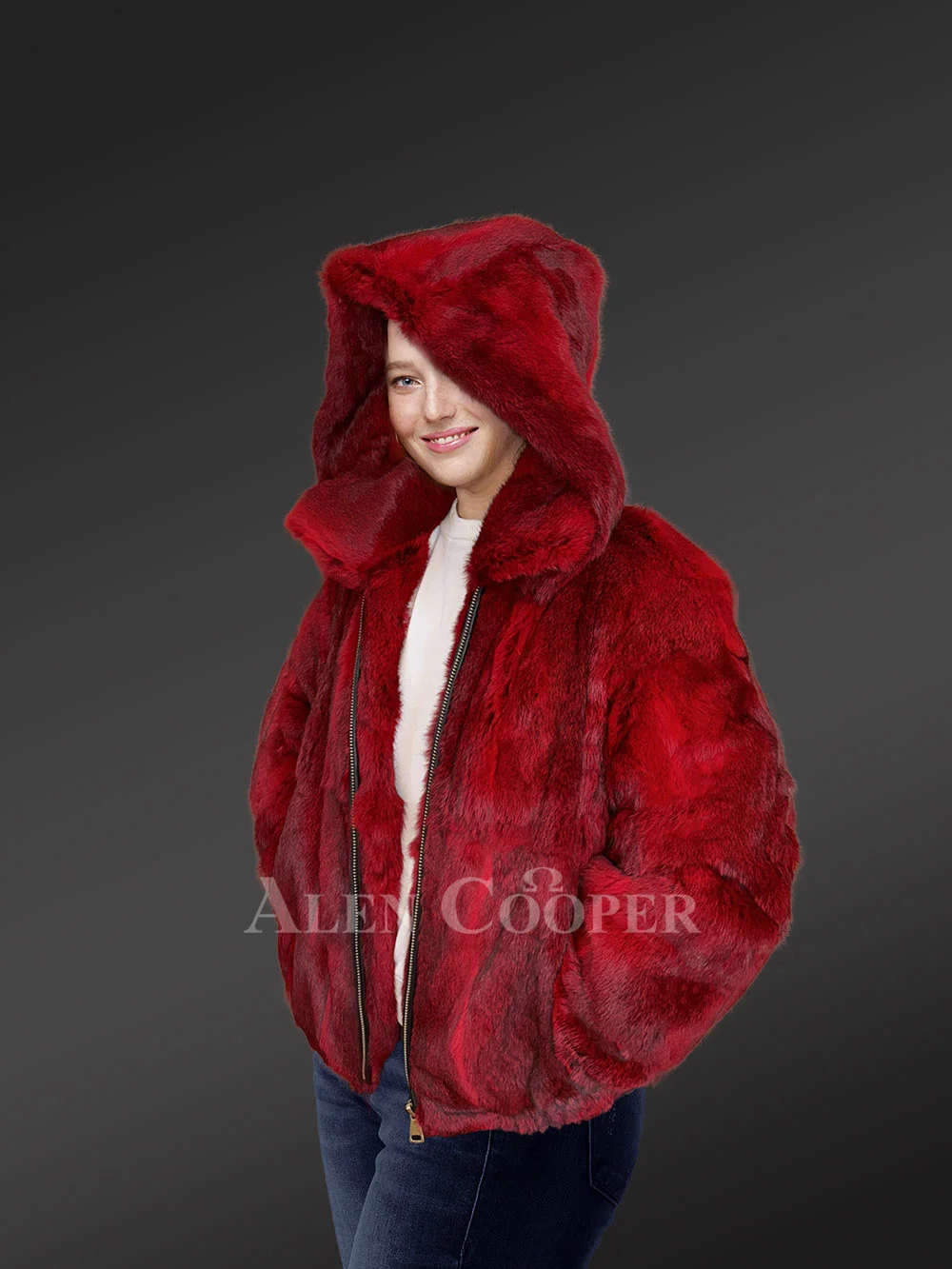 Alen Cooper Women Rabbit Fur Bomber in Navy