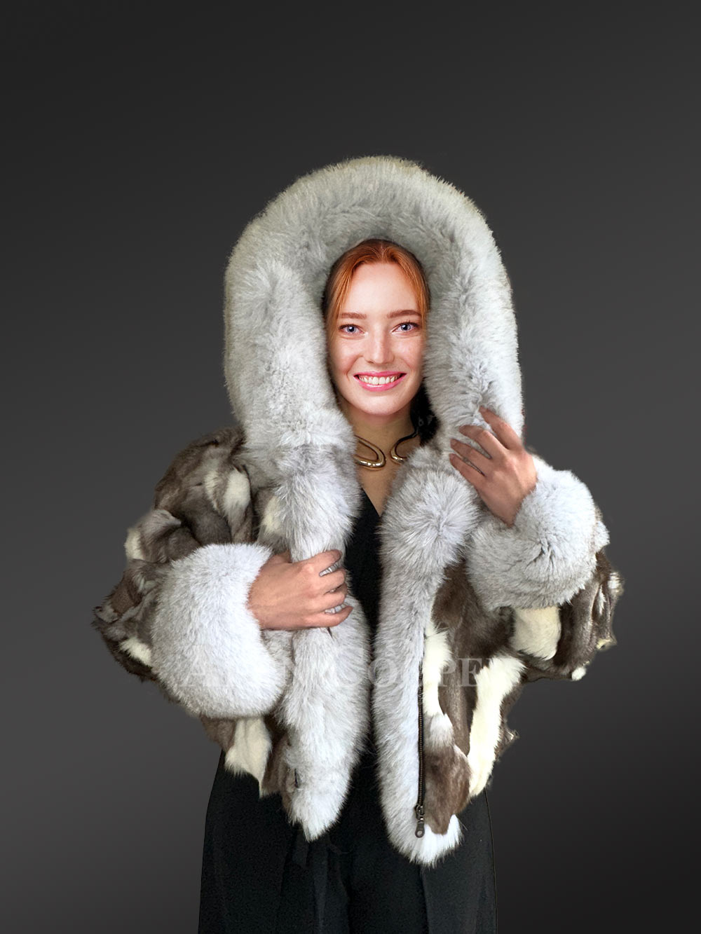 Fox Fur Crop Jacket with Hood