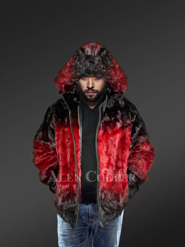 Mens Mink Bomber with Hood in a Vivid Color Combination - Image 2