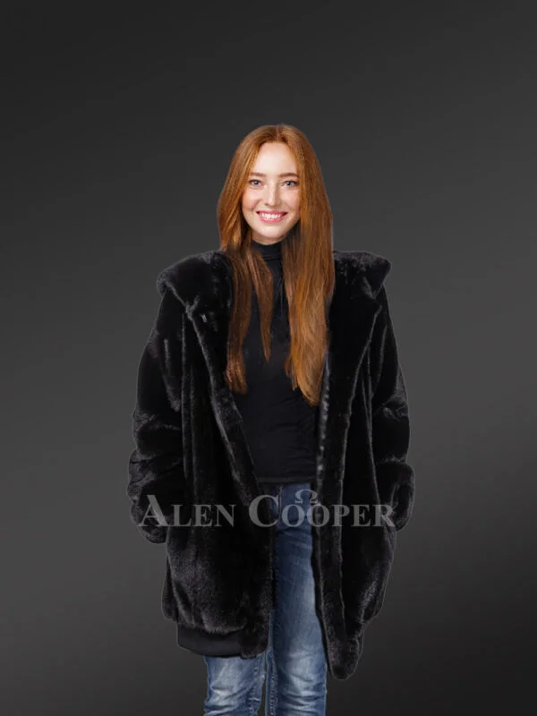 Mid Length Mink Coat with Hood For An All-Time Modish Look - Image 2