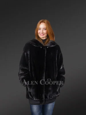 Mid Length Mink Coat with Hood for Women