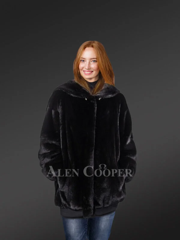 Mid Length Mink Coat with Hood for Women