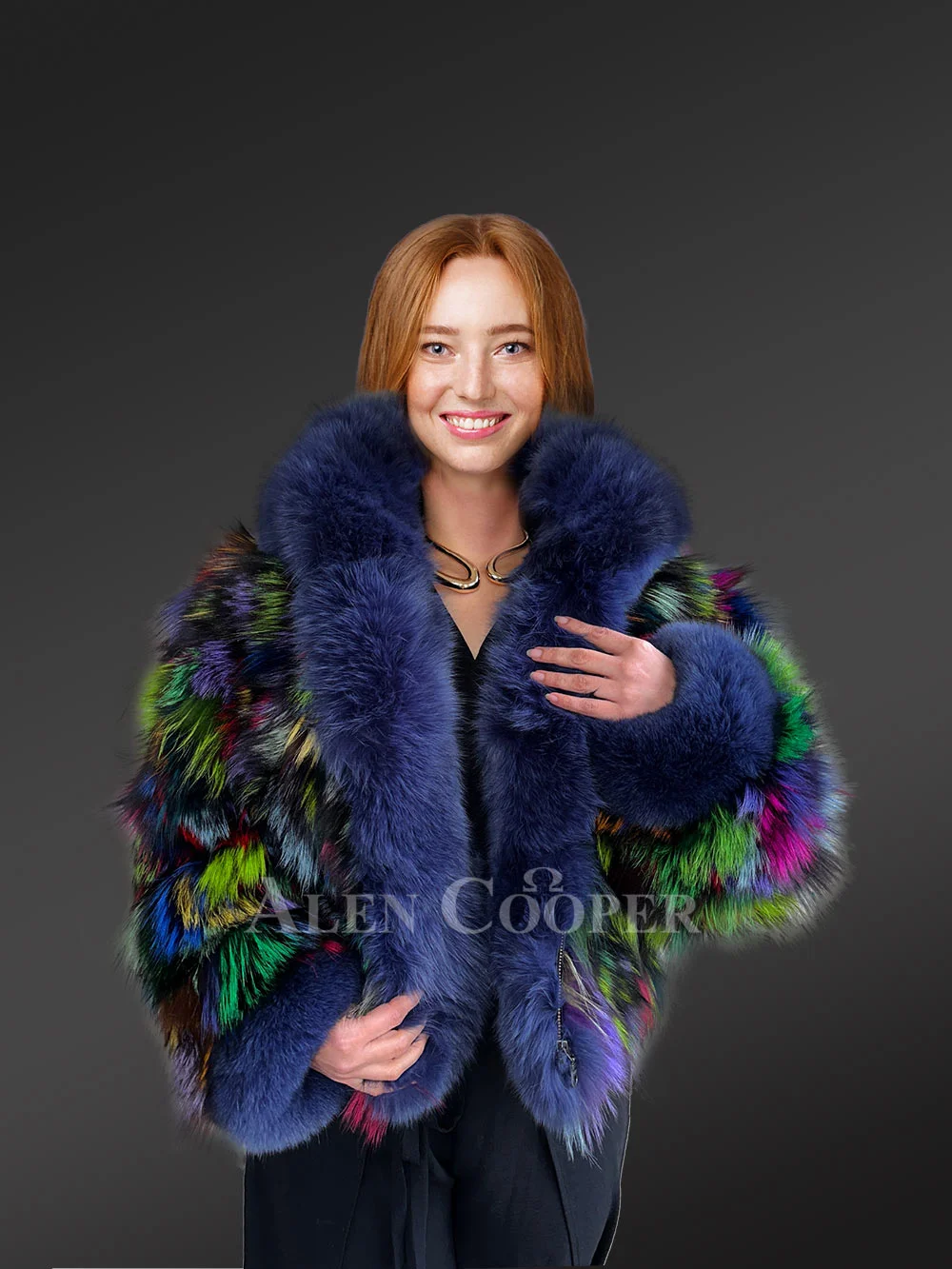 Multi Color Fox Fur Crop Jacket with Fox Fur