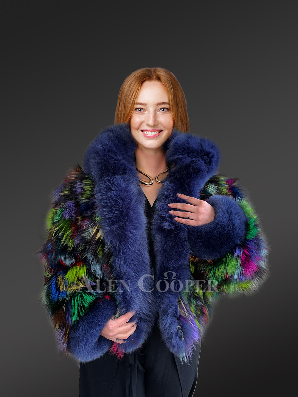 Multicolor Crop Fox Fur Jacket with Accentuated Frontline and Cuffs - Image 5