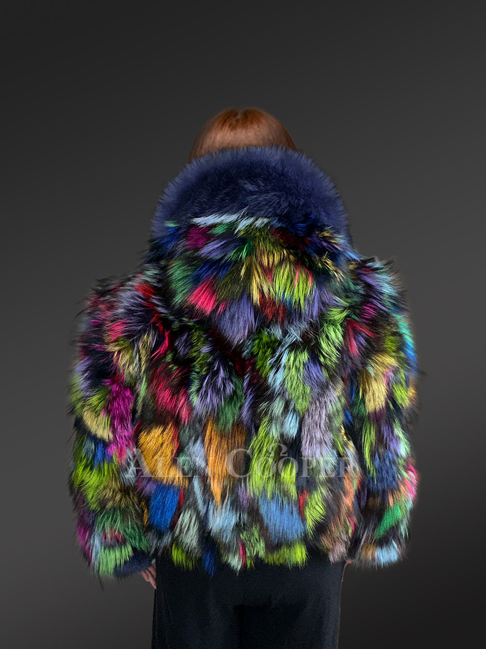 Multicolor Crop Fox Fur Jacket with Accentuated Frontline and Cuffs - Image 6