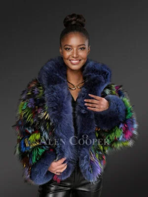 FUR FUR エコファー　ミックスブルゾン　ファーコート　ジャケット　ブルー Multicolor-Crop-Fox-Fur-Jacket