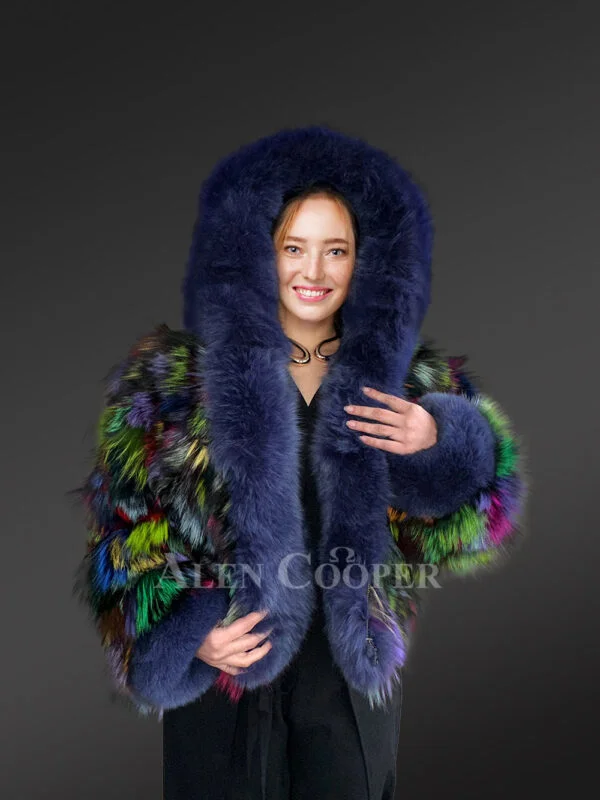 Multicolor Crop Fox Fur Jacket with Accentuated Frontline and Cuffs - Image 2