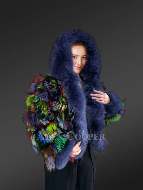 Multicolor Crop Fox Fur Jacket with Accentuated Frontline and Cuffs - Image 3