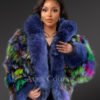 Multicolor Crop Fox Fur Jacket with Accentuated Frontline and Cuffs