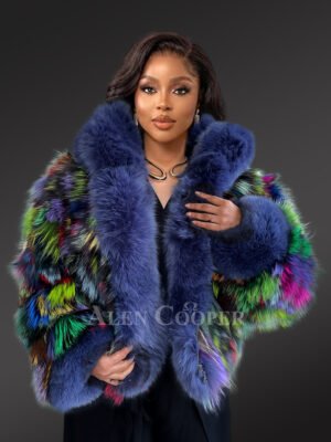 Multicolor Crop Fox Fur Jacket with Accentuated Frontline and Cuffs