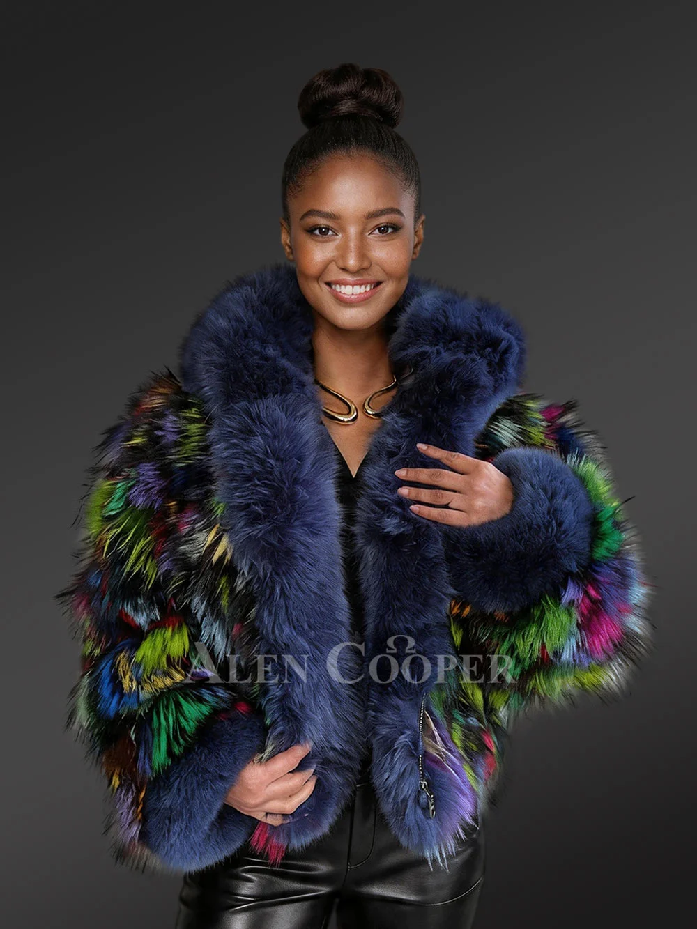 Multicolor Crop Fox Fur Jacket with Accentuated Frontline & Cuffs