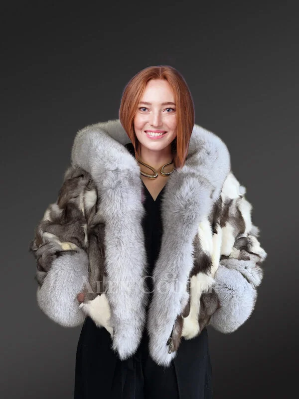 Womens Fox Fur Patterned Jacket with Stylish Hood and Cuffs - Image 4