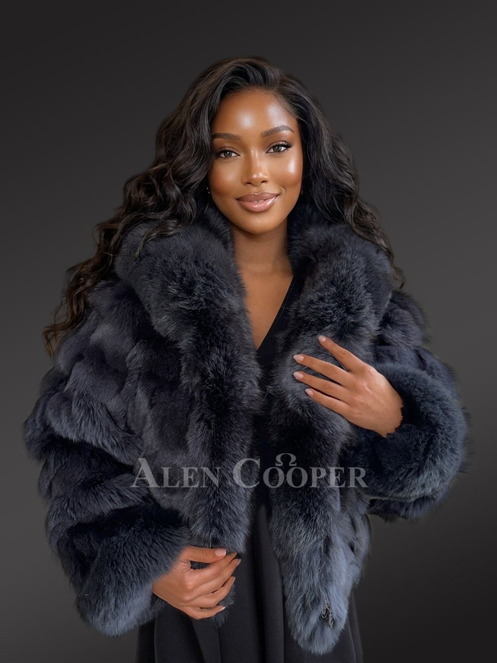 Womens Fox Fur Crop Jacket with Hood
