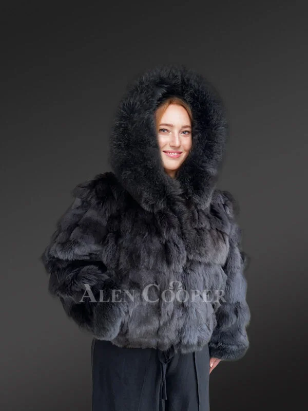 Womens Fox Fur Crop Jacket with Hood for Warmth and Fashion - Image 4