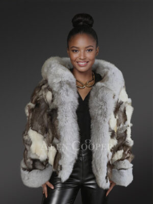 Womens Fox Fur Patterned Jacket with Stylish Hood and Cuffs