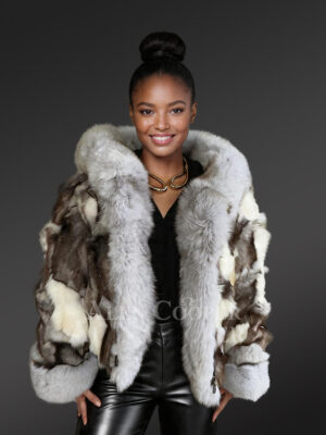 Womens Fox Fur Patterned Jacket with Stylish Hood and Cuffs