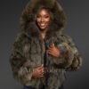 Womens Green Fox Fur Bomber Jacket
