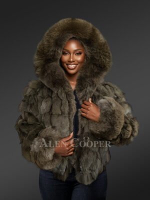 Womens Green Fox Fur Bomber Jacket