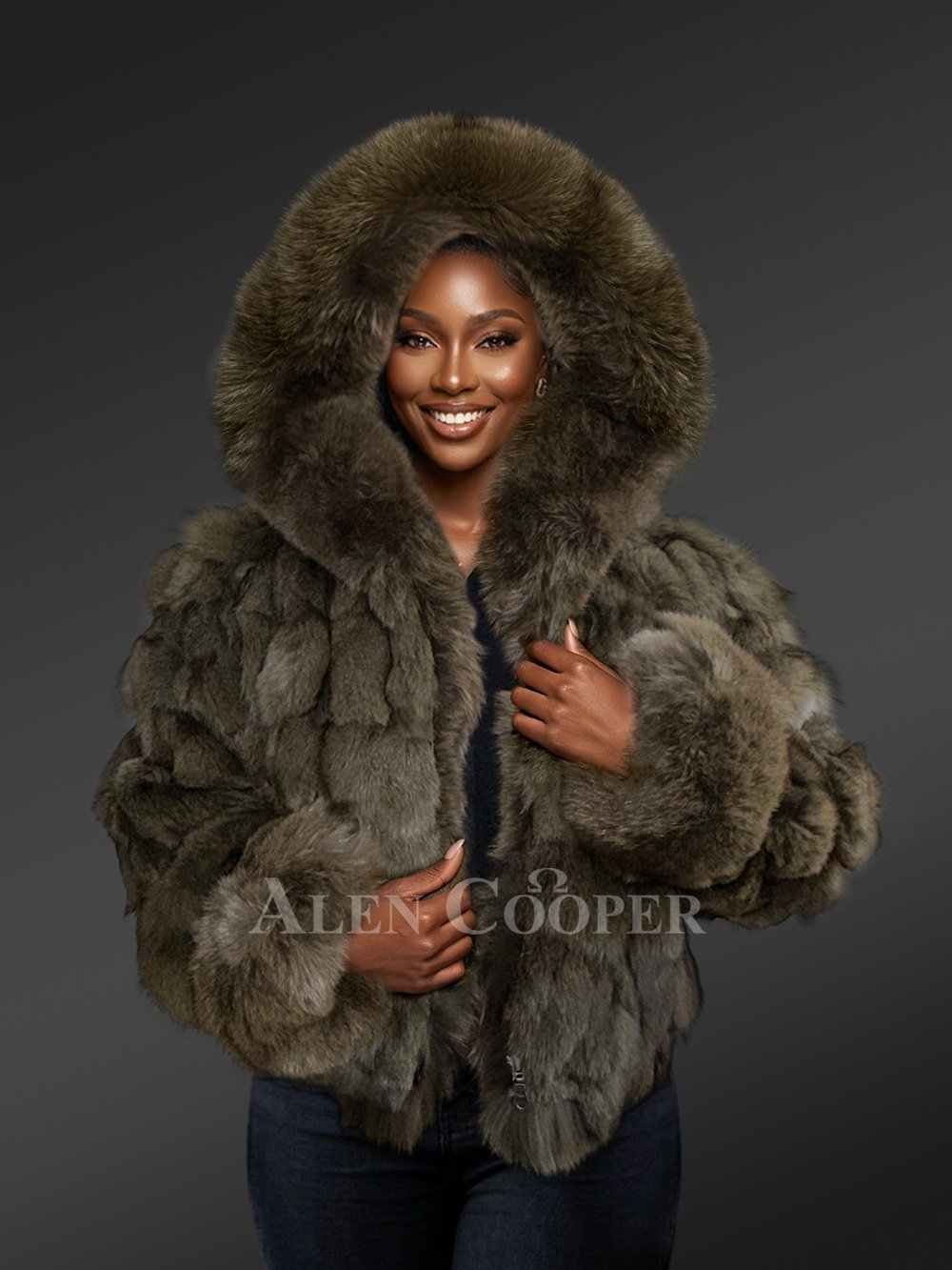 Womens Green Fox Fur Bomber Jacket