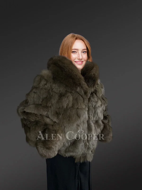 Women’s Green Section Fox Crop Bomber Jacket with Hood - Image 2