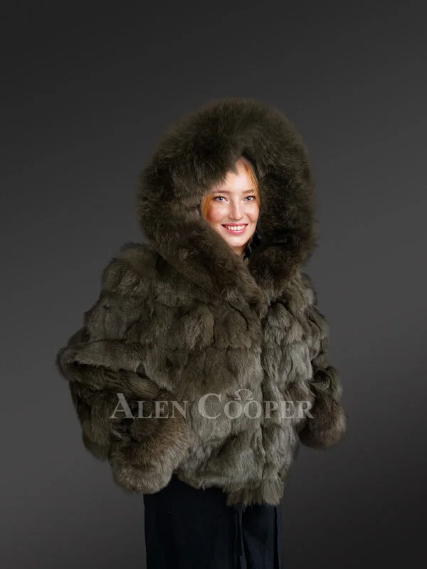 Women’s Green Section Fox Crop Bomber Jacket with Hood - Image 3