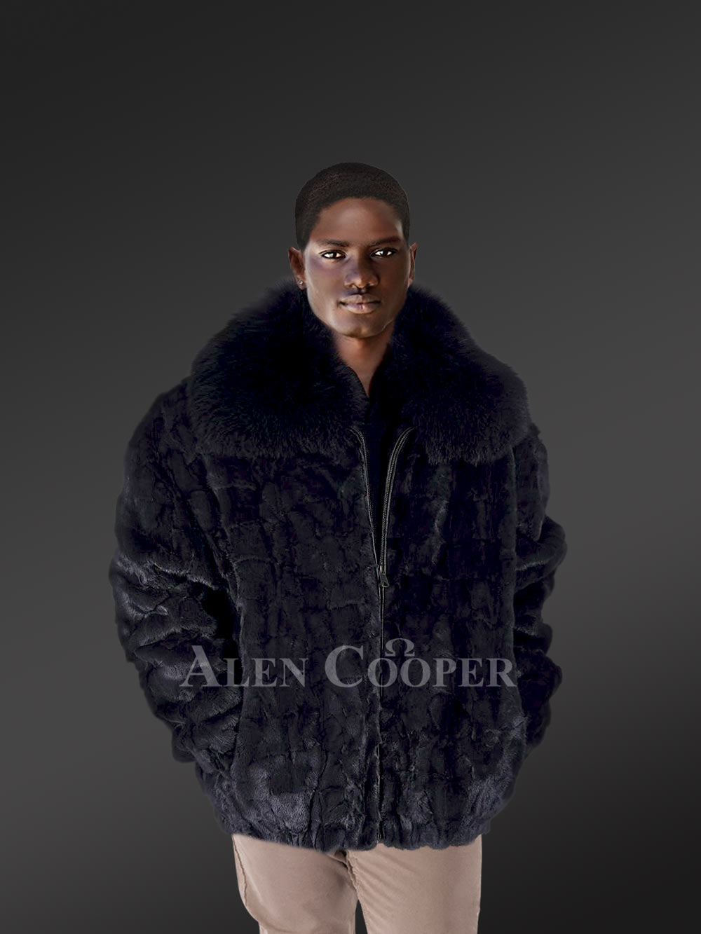 Mens Dark Grey Mink Bomber with Fox Fur Collar – Be a Trendsetter