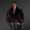 Men's Diamond Mink Section Pea Coat with Fox Collar