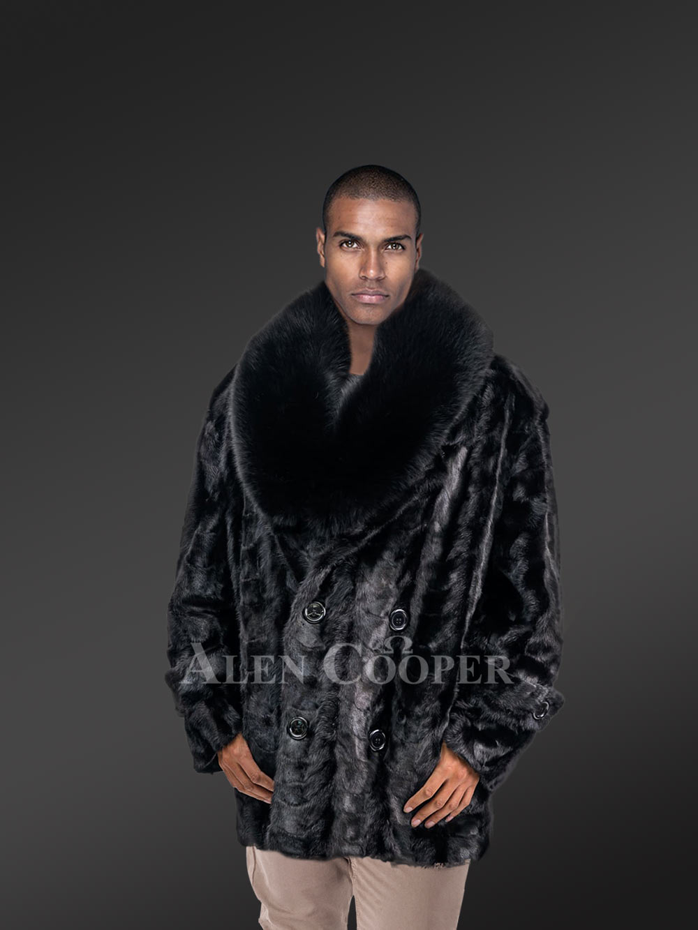 Mens Pea coats With Fur Collar - Dark Burgundy Peacoats